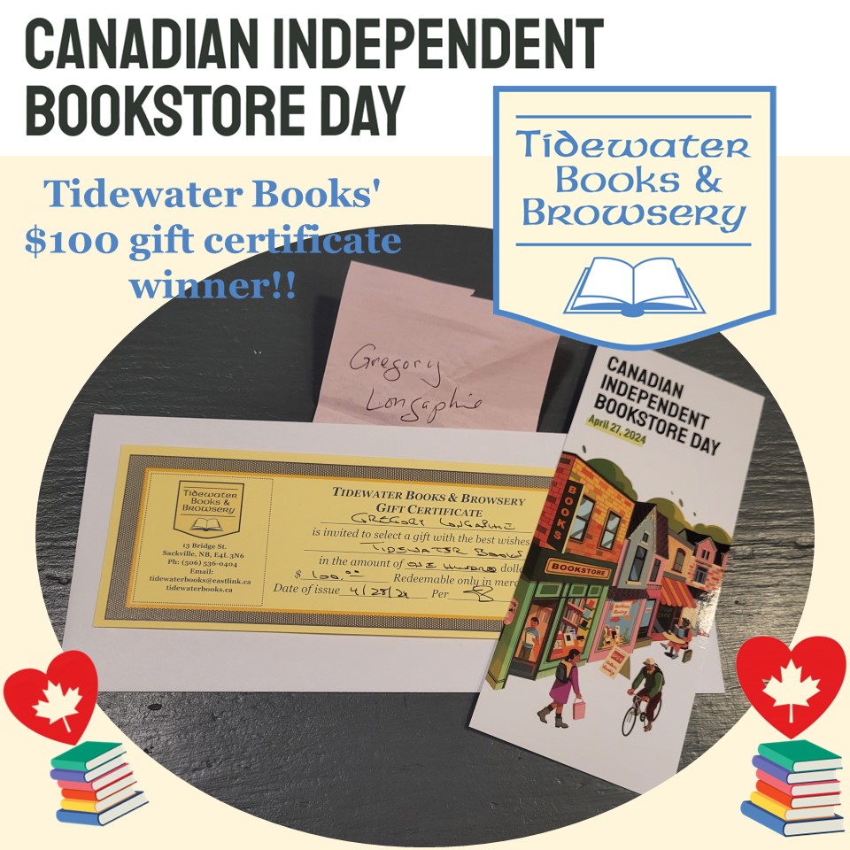 The winner of Tidewater Books' $100 gift certificate from #CIBD2024!!

It was a great day!! Thank you for everyone who popped in to say hi & celebrate with us!!

Visit us in person or online at tidewaterbooks.ca! 💕🇨🇦📚

#IndieBookstores #IReadCanadian #ShopSmall #ShopLocal