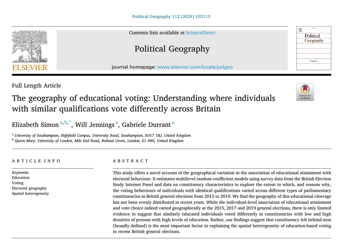 To what extent, and for what reasons, have the vote choices of persons with similar qualifications varied spatially at recent British general elections? A new @Pol_Geog_Jl study by @drjennings, Gabi Durrant and I explains... sciencedirect.com/science/articl…