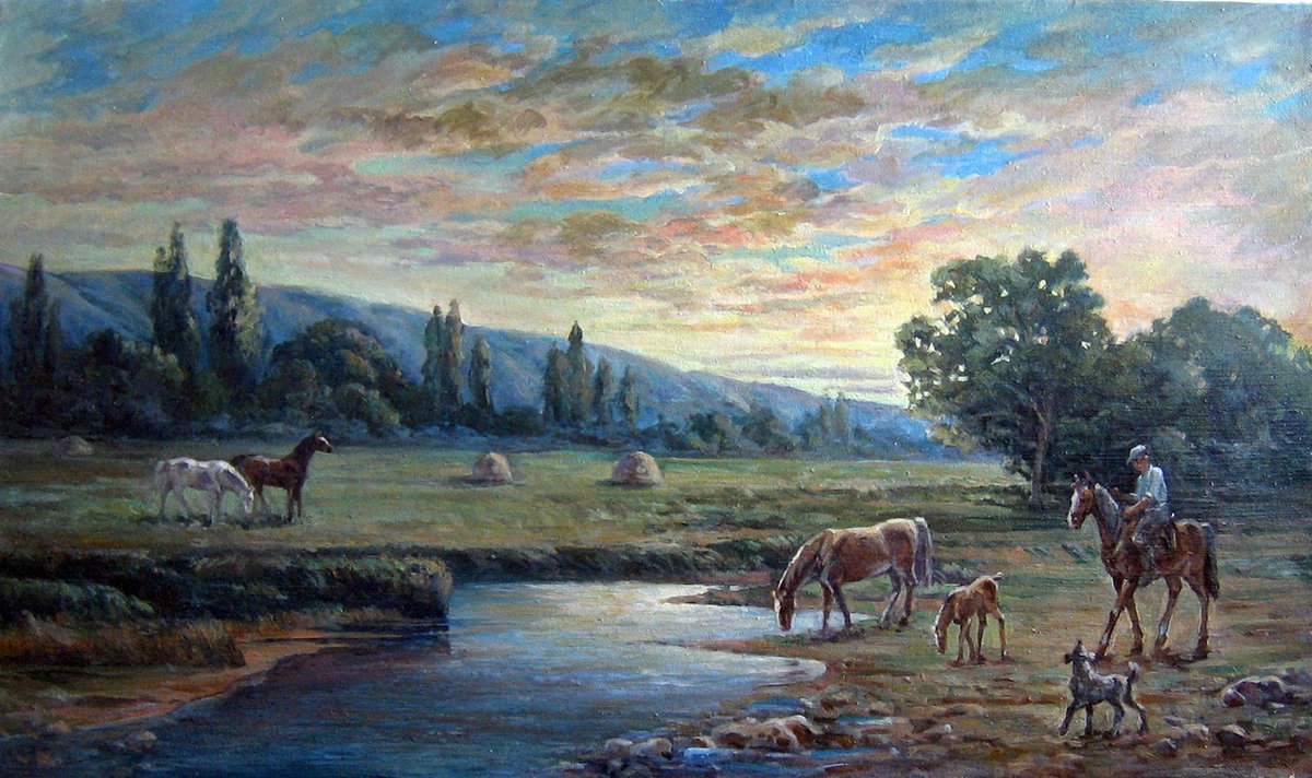 Morning. Oil on canvas. 65×100 cm. #art #artist #landscape #realism #painting #horse #dog  #morning #summer #oilpainting #MorningLive #oiloncanvas #horseman #mountains #river #trees