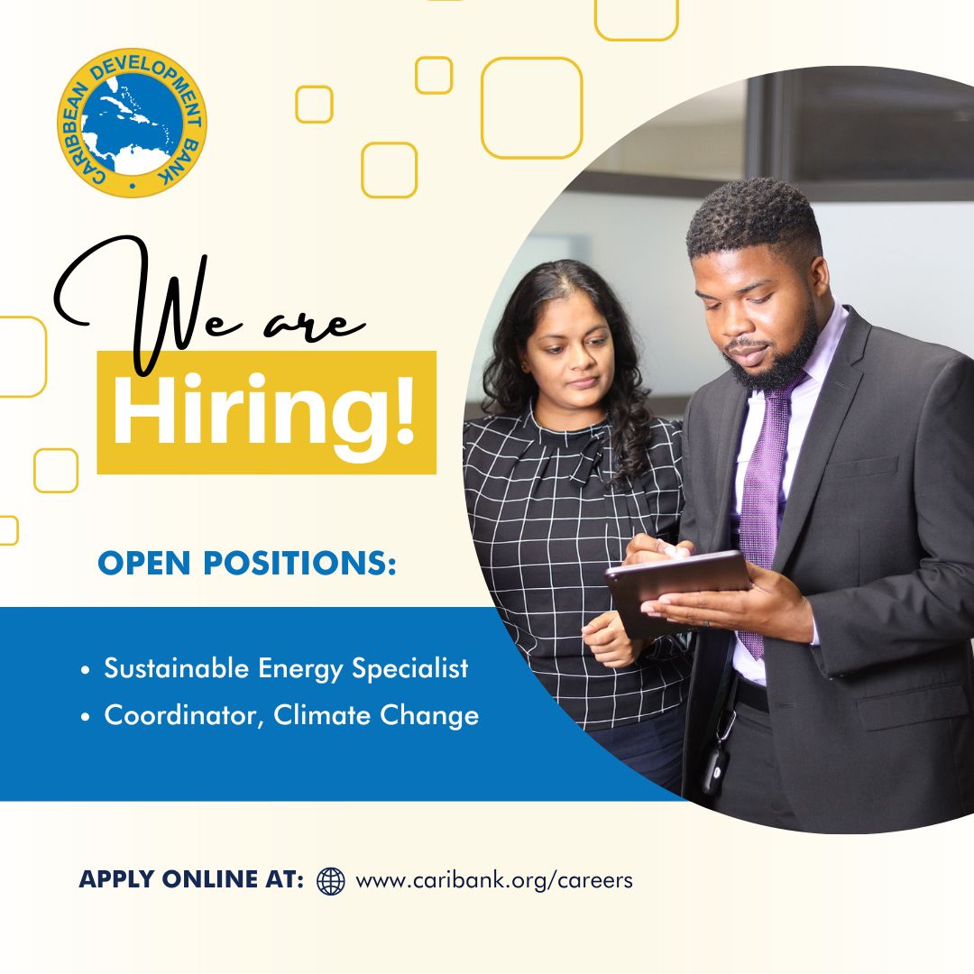 🌍💡 Passionate about combating climate change? 
🌱💨 Excited about the Region's transition to renewable energy? 

We're currently hiring for the roles of  Sustainable Energy Specialist and Coordinator, Climate Change.

➡️ caribank.org/careers

#CDBCareers #GreenJobs