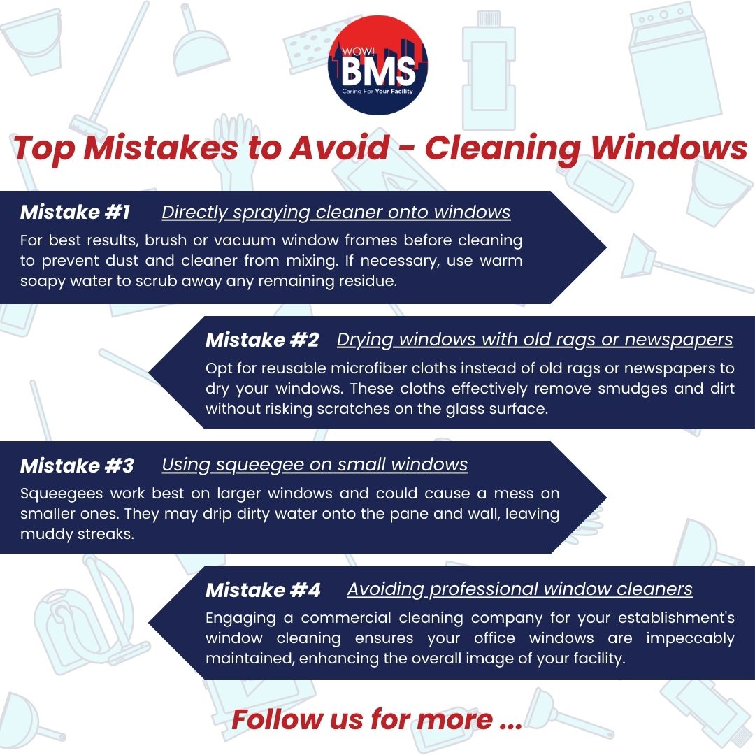 Expert Advice from Our Commercial Cleaning Pros! Discover the Top Mistakes to Dodge for Gleaming Windows That Wow Clients and Visitors. Don't Miss Out on Spotless Shine – Tap into Professional Know-How Today!

#WOWBMS #CommercialCleaning #WindowCleaning #ExpertAdvice