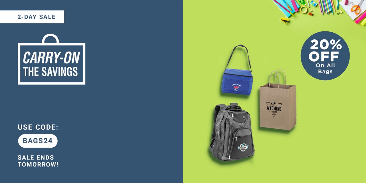 Carry on the savings! Save 20% on ALL BAGS through tomorrow! Totes, backpacks, laptop bags and more! Don't wait, start shopping now: hubs.ly/Q02vkJs_0

#promotionalitems #custombags #twodaysonly