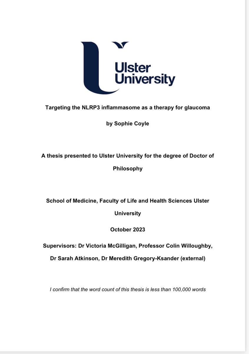 Congratulations Dr Sophie Coyle <a href="/_sophie_coyle_/">Sophiecoyle♡</a>  on submitting her final thesis on 'Targeting the NLRP3 inflammasome in glaucoma' <a href="/PersonalMedNI/">Personalised Medicine Centre</a> - congrats to supervisors Dr. Victoria McGilligan, Dr. Sarah Atkinson, Prof. Colin Willoughby, Dr. Meredith Gregory-Ksander #PhDone