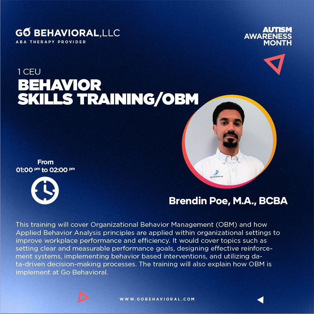 In this lecture, Brendin, our Clinical Director, will discuss the fundamentals of OBM and provide practical examples from our applications at Go Behavioral. We look forward to seeing everyone there!