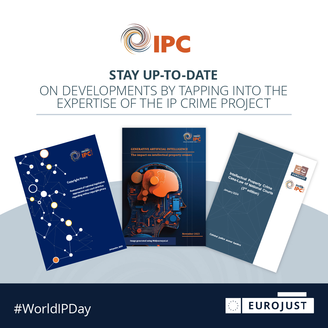 🌐 It's a fast-paced world & #IPCrime moves quickly. 📚 Stay up-to-date on developments by tapping into the expertise of the IP Crime Project. Recent reports: 🔹 Generative AI 🔹 Copyright piracy 🔹 IP Crime Case Law (2024 edition) 🔗 eurojust.europa.eu/term/ipc-proje… #WorldIPDay