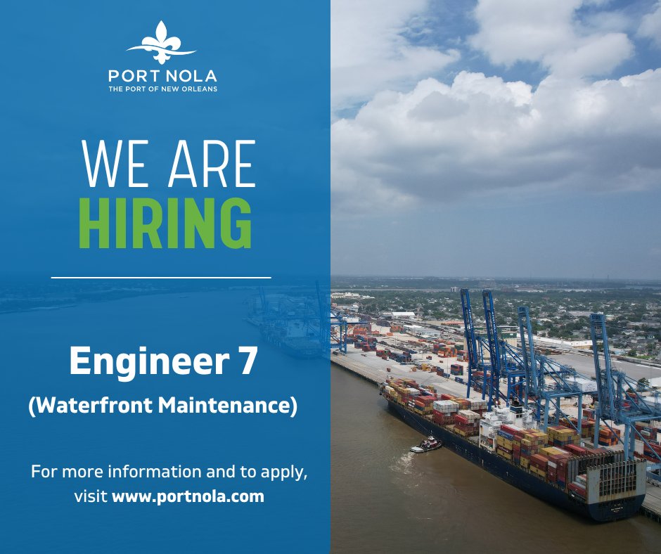 Join our team! #PortNOLA's Maintenance department is seeking candidates for the position of Sr. Waterfront Manager (Engineer 7). For more information and to apply, click the link. 

ow.ly/zgkR50RqUuv

#YourWorkingRiver #MaritimeCareers