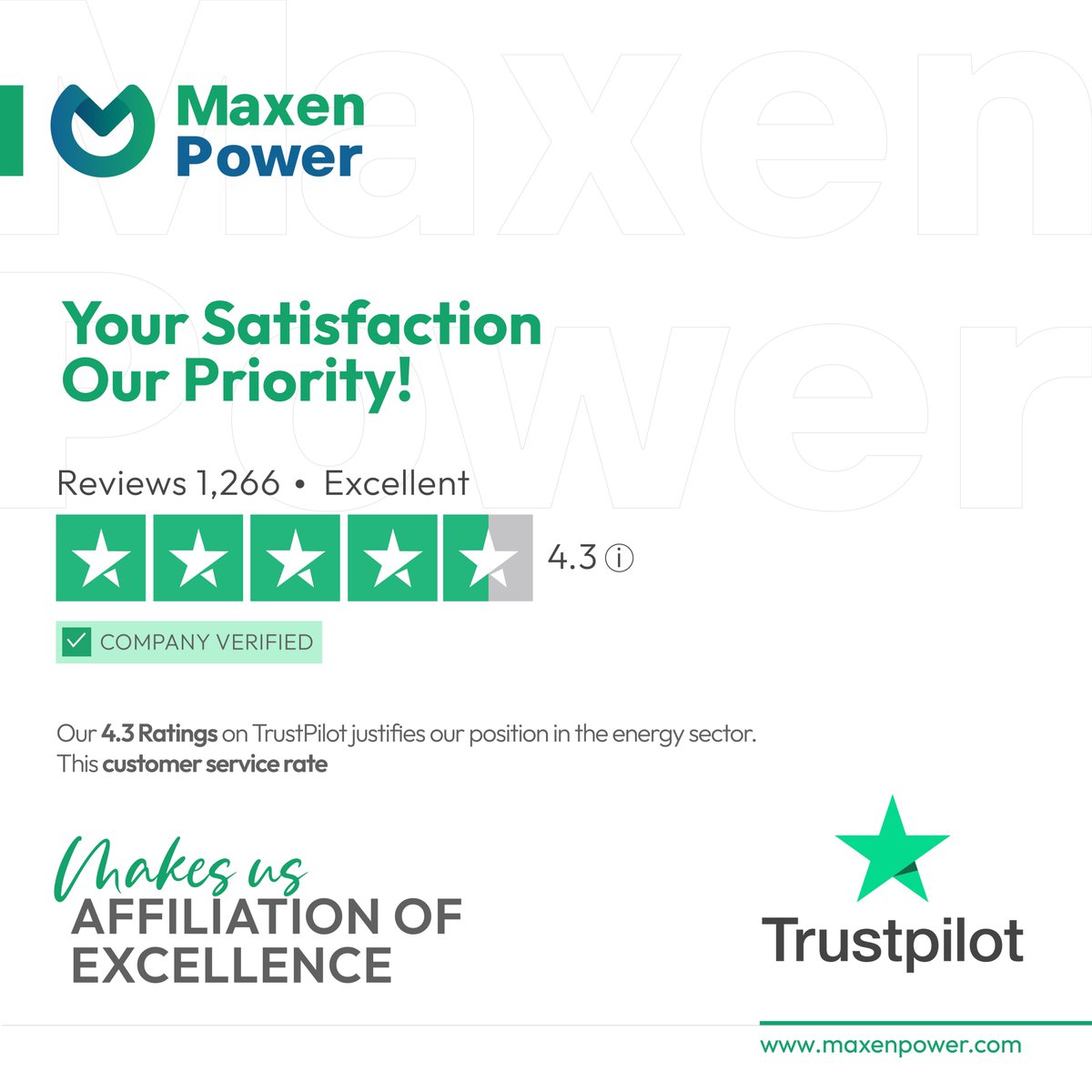 Proud to have a 4.3 power rating on TrustPilot, the testament of our unwavering commitment to excellence. Count on us as we prioritise your satisfaction throughout the process.

#MaxenPower #EnergisingBusinesses #CustomerServiceExcellence