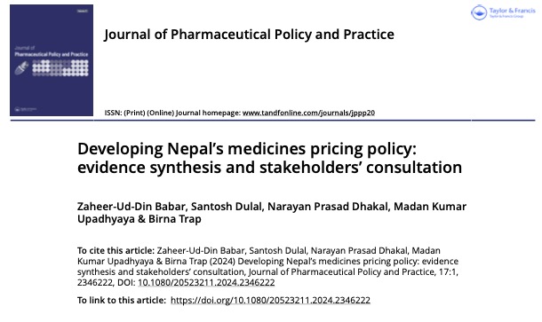 I am excited to share the news of the publication of a groundbreaking study on #medicine #pricing in Nepal. This study provides an empirical assessment and engages stakeholders to present evidence-based policy options for medicine pricing in #Nepal. tandfonline.com/doi/full/10.10…