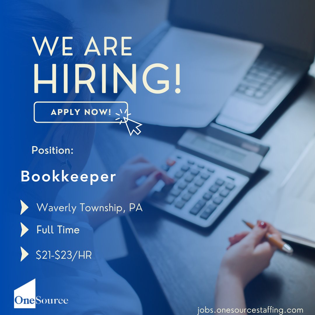 We are hiring a Bookkeeper in Waverly Township, PA. If you are interested in applying for this job, fill out an application here: nsl.ink/du8J #WaverlyTownshipJobs #BookkeepingJobs