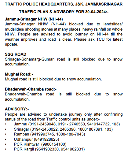 Traffic Plan/Advisory for 30-04-2024 @JmuKmrPolice @JTransportDept @OfficeOfLGJandK @Divcomjammu @DivComKash @ZPHQJammu @igpjmu @diprjk @ddnews_jammu @ddnewsSrinagar @ddnewsladakh