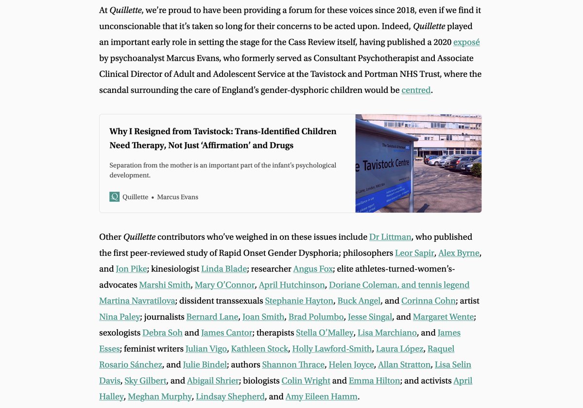 Our @Quillette editorial on the Cass Report lists some of the contributors who've fought this battle since the 2010s (mostly women). Now that the tide is turning toward common sense, it's worth remembering the names of those who refused to be gaslit

quillette.com/2024/04/29/dr-…