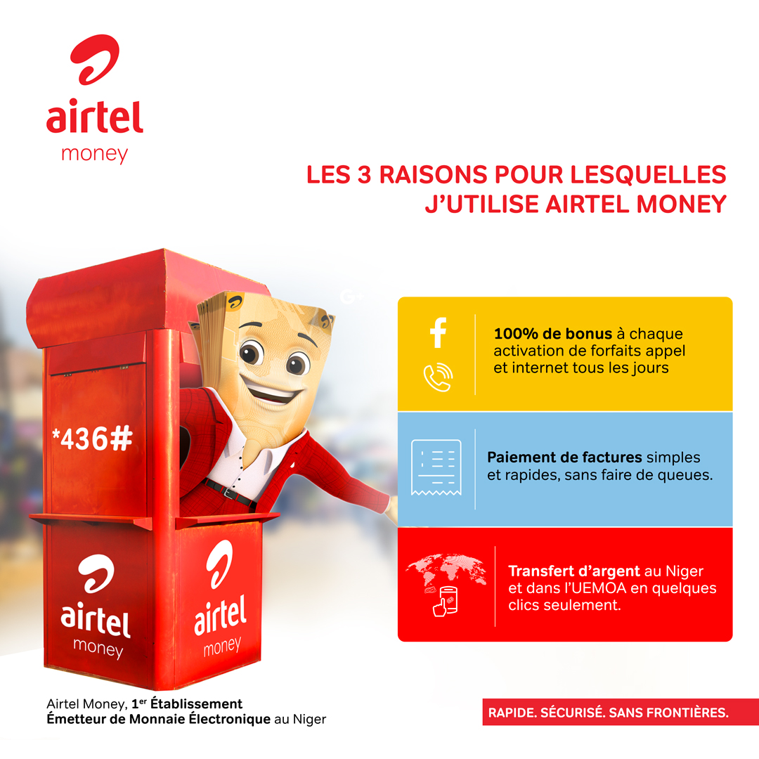 Effectue paisiblement tes transactions grâce à Airtel Money ! 

✅Compose *436# ou télécharge l’application #MyAirtel et retrouve tous tes services en quelques clics seulement.

Airtel Money, 1er Établissement Emetteur de Monnaie Électronique au Niger.
#AirtelMoneyNe