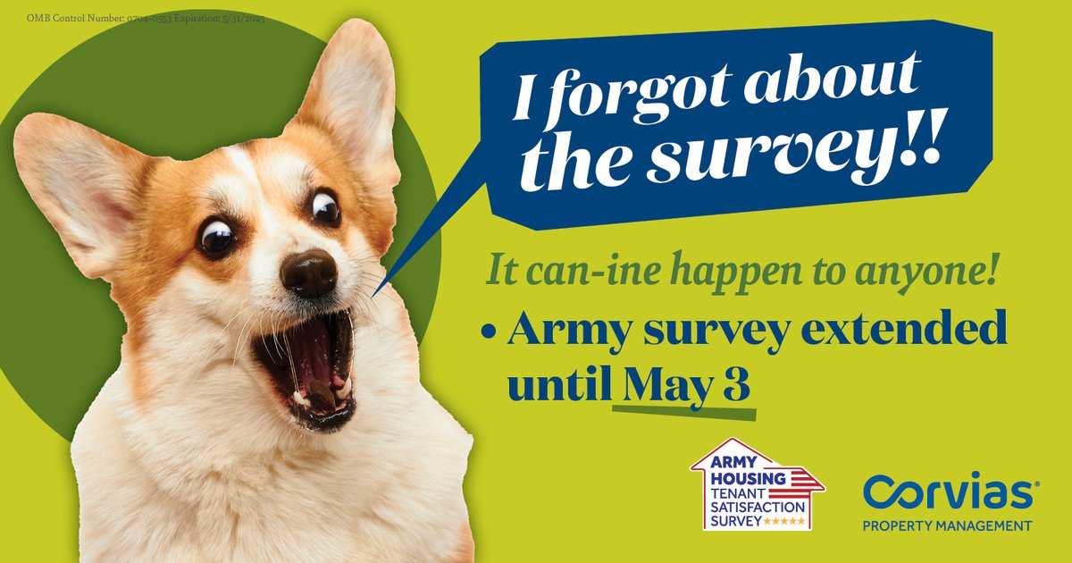 This is the last week to submit your U.S. Army Housing Tenant Satisfaction Survey!

Your feedback can make a big difference in the #qualityoflife for #militaryfamilies.

Don't delay, take your survey today!