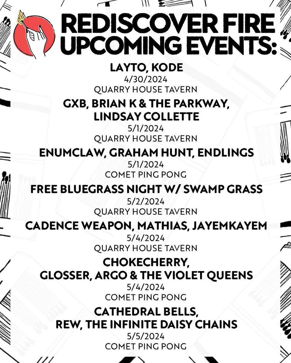 🔥UPCOMING GIGS🔥
At @cometpingpong

5/1: @enumclaw_online, Graham Hunt, Endlings
5/4: @chokecherryband, @glosserbandd, Argo & the Violet Queens
5/5: @cathedralbells_, Rew, @theinfinitedc

🎟: buff.ly/3TIrP0q