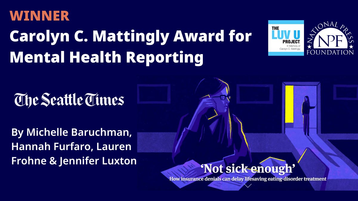 National Press Foundation (@natpress) on Twitter photo Congrats to the <a href="/seattletimes/">The Seattle Times</a> for winning the Carolyn C. Mattingly Award for Mental Health Reporting for its series untangling the complex maze of insurance coverage for mental health conditions. nationalpress.org/award-story/se⦠Congrats to the <a href="/seattletimes/">The Seattle Times</a> for winning the Carolyn C. Mattingly Award for Mental Health Reporting for its series untangling the complex maze of insurance coverage for mental health conditions. nationalpress.org/award-story/seā¦