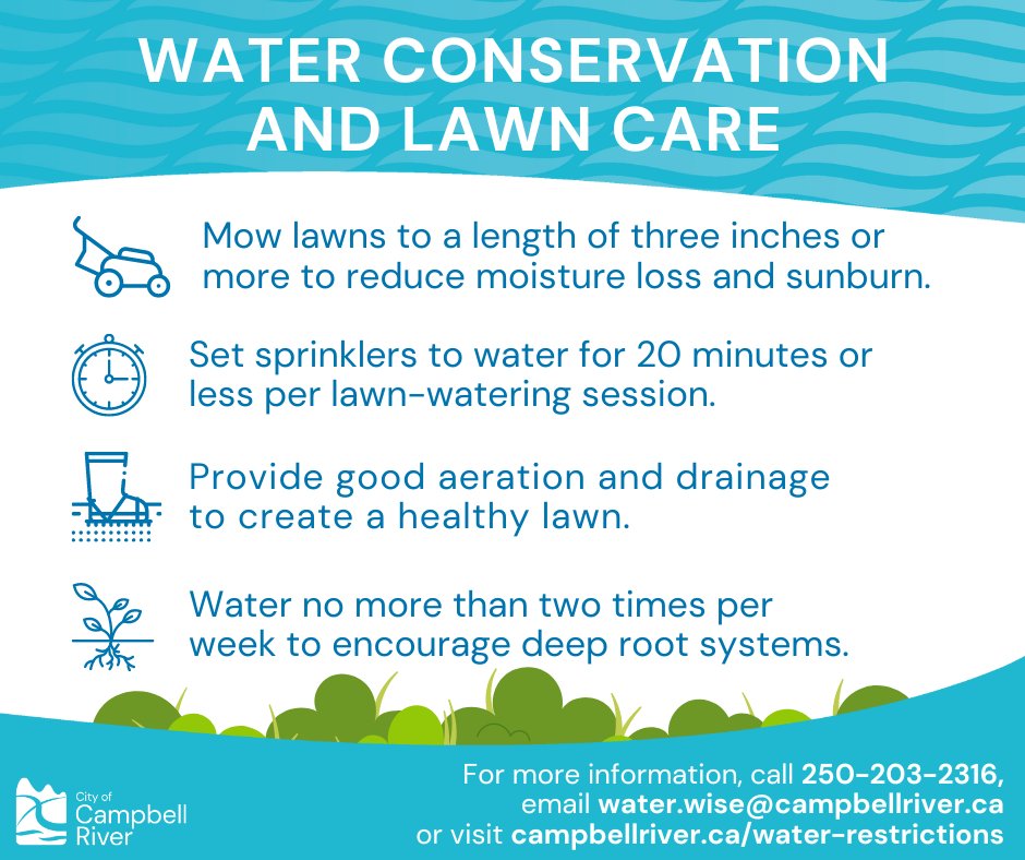 Stage one watering restrictions come into effect on Wednesday, May 1, 2024. Please follow the restrictions, and be aware of your water use. For more information, and to view the schedule, visit campbellriver.ca/water-restrict…, email water.wise@campbellriver.ca or call 250-203-2316.