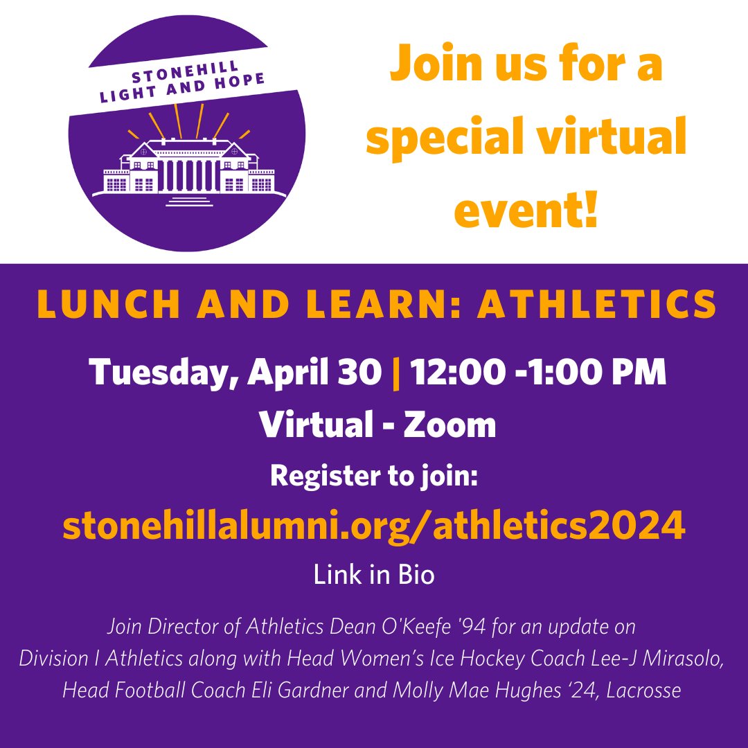 🖊️JOIN US TOMORROW AT NOON📅 Advancement & Athletics have teamed up to present a Zoom panel to give alumni, parents and fans an update on Division I Athletics at Stonehill!  Grab your lunch or a cup of coffee for a conversation with: Dean O'Keefe '94, Asst. VP/Director of…