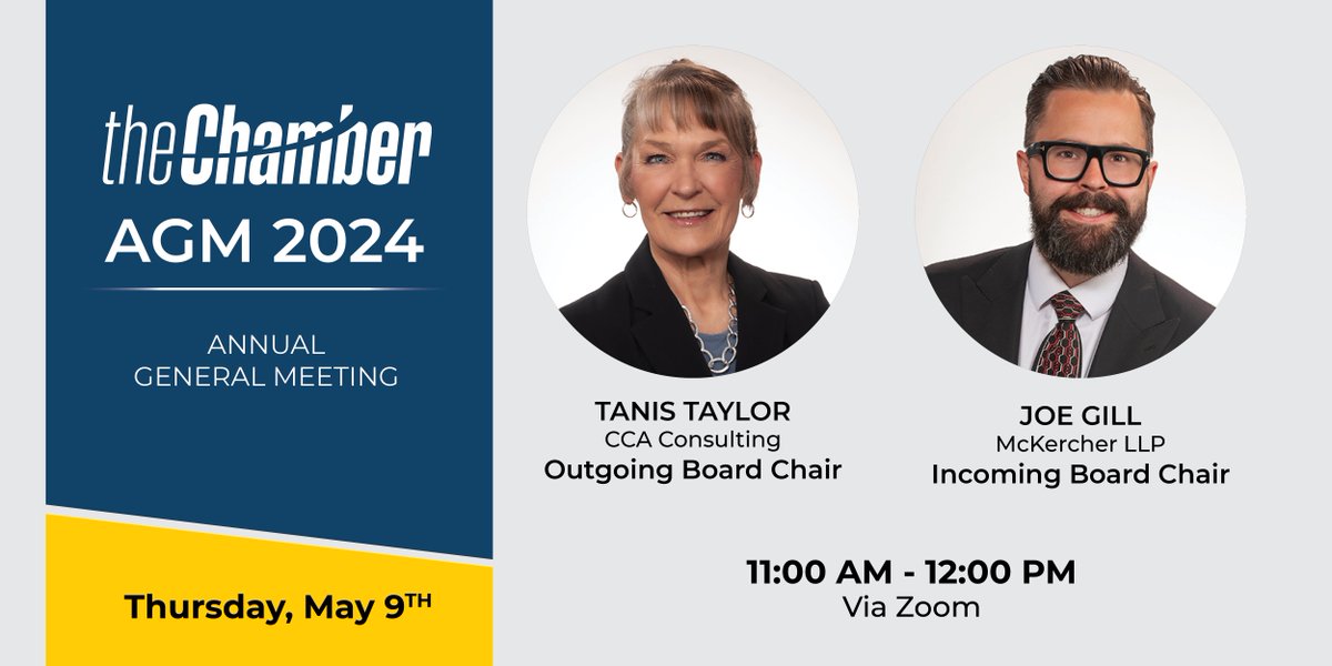 All Chamber Members welcome to attend! Join us for our Annual General Meeting where the 2024-25 Chair, Vice-Chair, and 2nd Vice-Chair of the Board will be officially sworn in, followed by the induction of the new Board Members. bit.ly/3P8t8EE