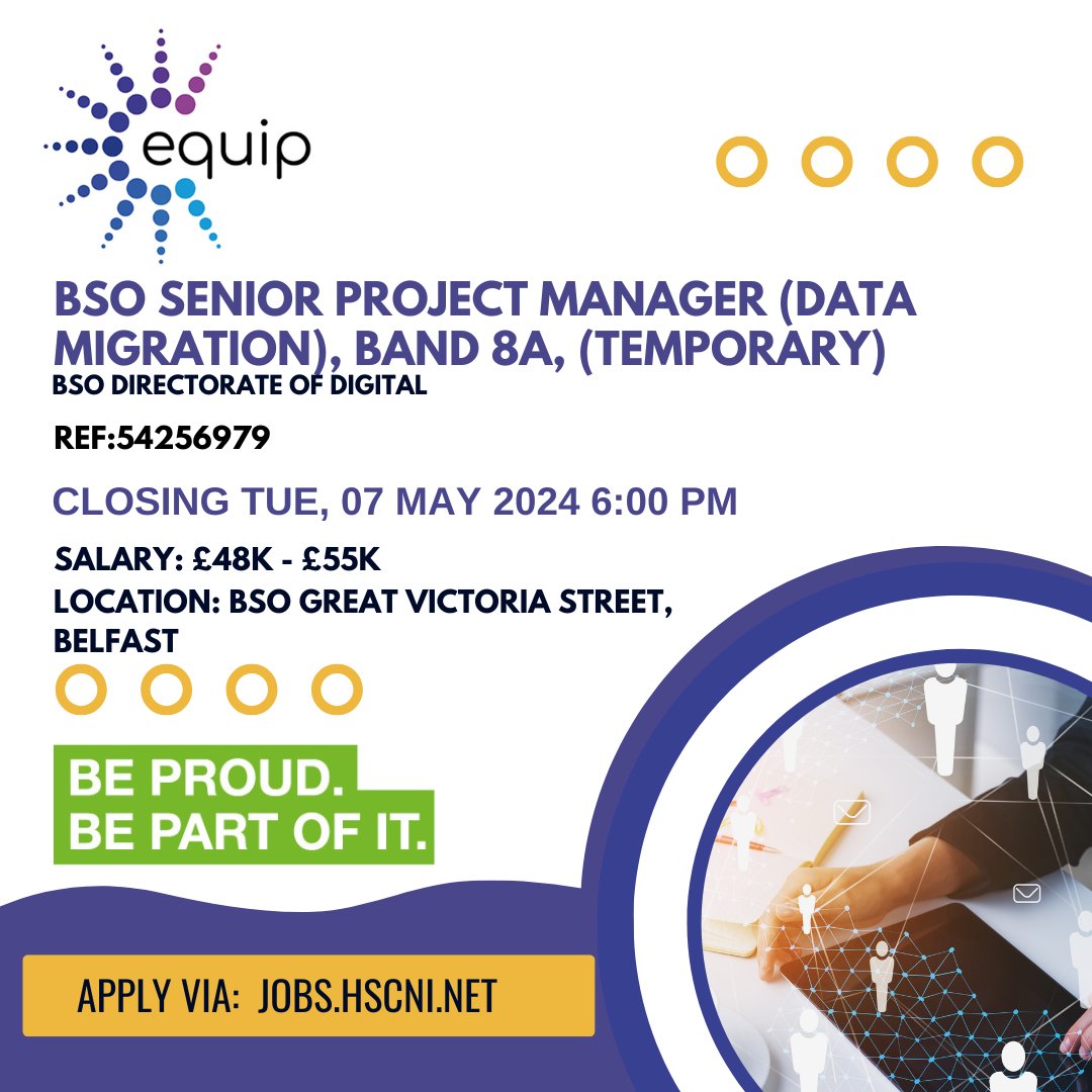 @BSO_NI Senior Project Manager (Data Migration), Band 8A (Temporary) Location: BSO Great Victoria Street, Belfast Salary: £48k - £55k Closing Date: Tue, 07 May 2024 @ 4:00 PM For more information and to apply: jobs.hscni.net/Job/34539/bsos… #BSO #hscjobs #hscni #equip #Belfast