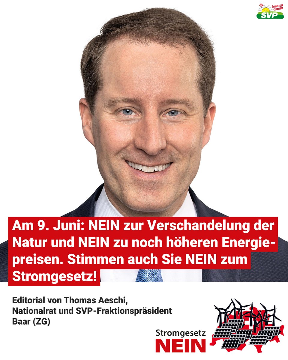 Das Stromgesetz führt zur Verschandelung unserer schönen Landschaft und Natur, zu noch höheren Strompreisen und es schränkt die Mitsprache der Bevölkerung und der Kantone ein. 👉🏼 svp.ch/aktuell/publik…