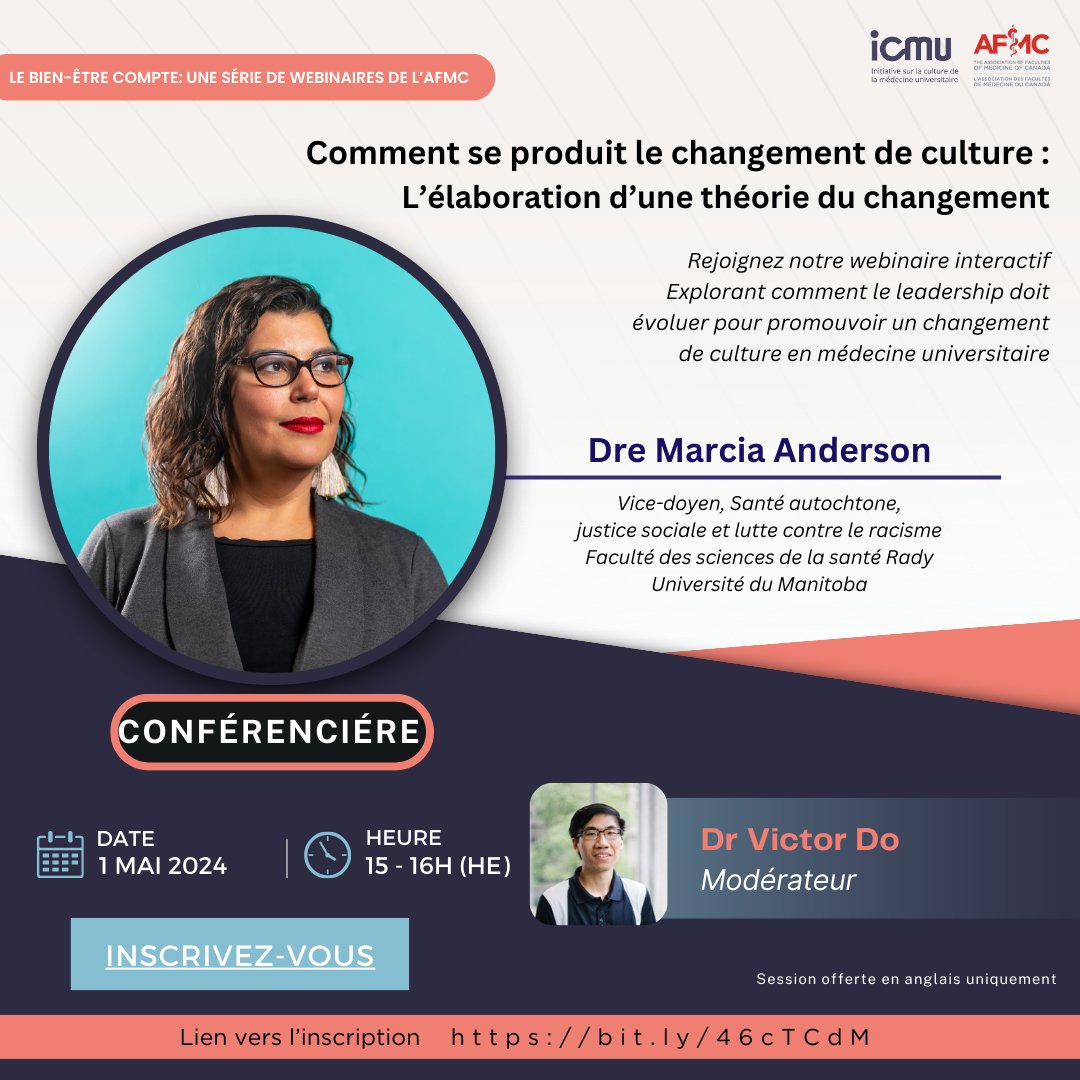 Prêt à explorer l'intersection du leadership et du changement culturel en #MédecineAcadémique ? Notre webinaire avec @MarciaJAnderson aura lieu le 1er mai! Réservez votre place dès aujourd'hui et participez à cette discussion transformative ! bit.ly/46cTCdM #EdMed #CAMi