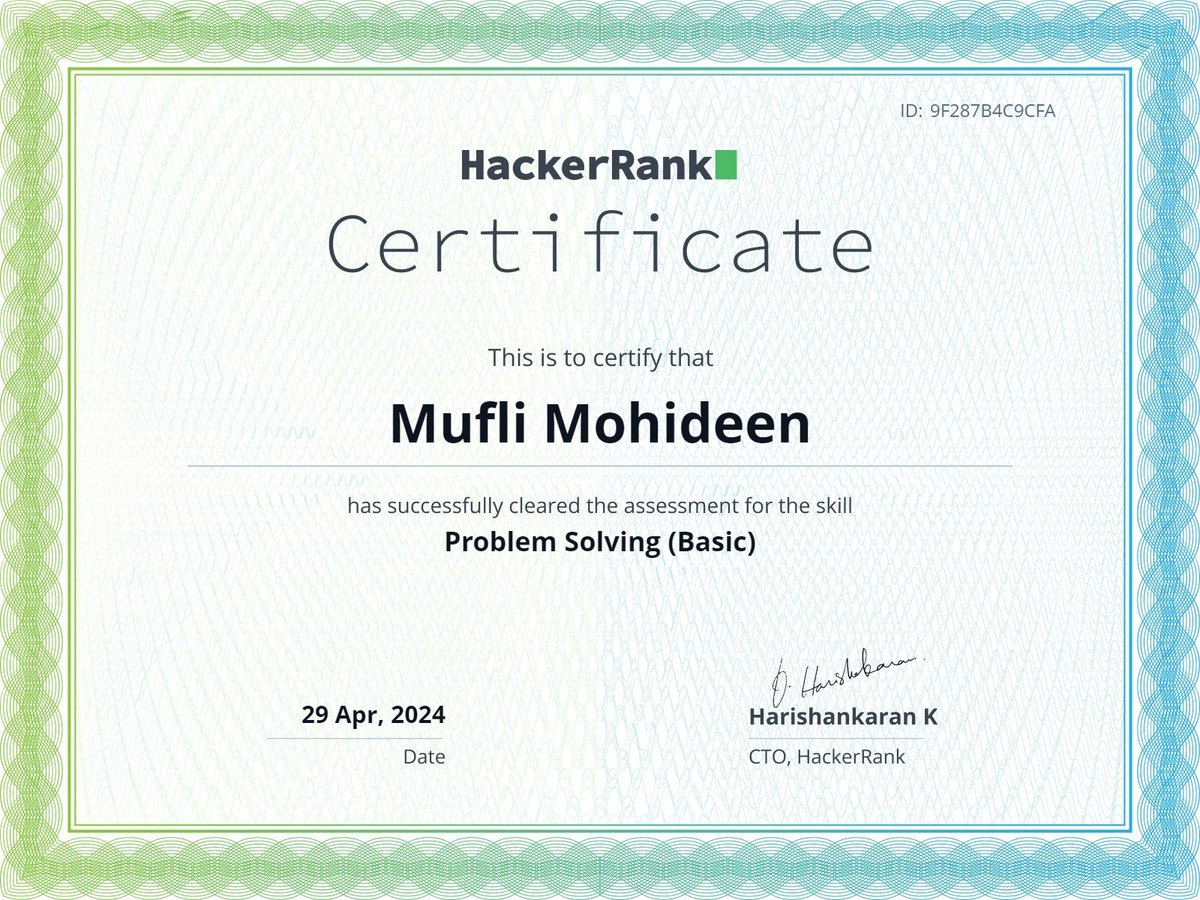Excited to announce that I've earned my Problem Solving certificate from HackerRank! 🎉 It's been an incredible journey honing my skills and tackling challenges head-on. Here's to continuous growth and problem-solving prowess! 💪 #ProblemSolving #HackerRank #Certified