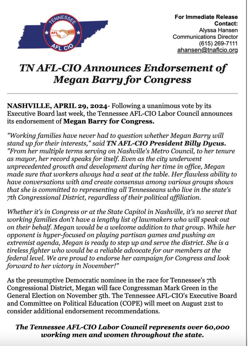 Over the transom: the @tnaflcio endorses Democrat Megan Barry for Congressional District 7 against incumbent Mark Green.