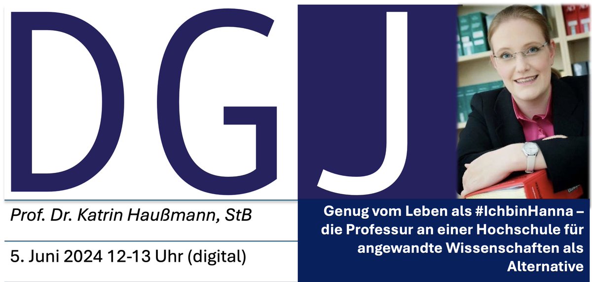 Am 5.6.24 zwischen 12-13 wird Katrin Haußmann auf unserem digitalen Mitgliedertreffen über den Karrierweg der HAW-Professur sprechen! 
Wer dabei sein möchte, kann sich unter veranstaltung@dgj-wissenschaft.de dafür anmelden! #IchBinHanna