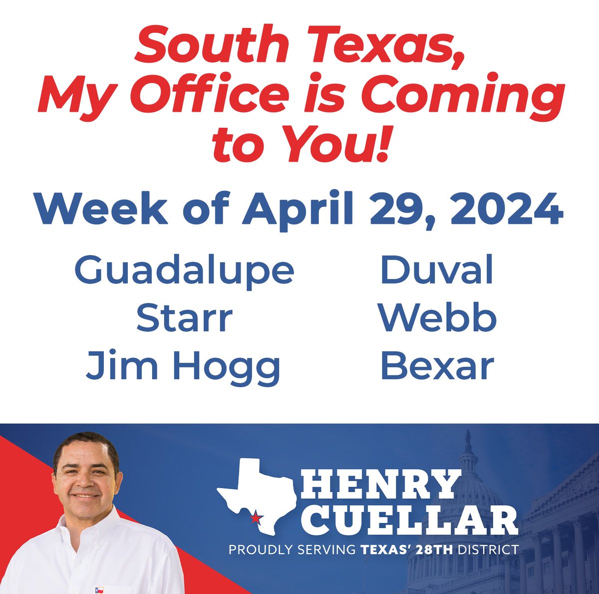 South Texas, my office is coming to your neighborhood! Members of my staff will be in Guadalupe, Starr, Jim Hogg, Duval, Webb, & Bexar Counties this week for Neighborhood Office Hours. For more information, click the link below: cuellar.house.gov/constituentser…