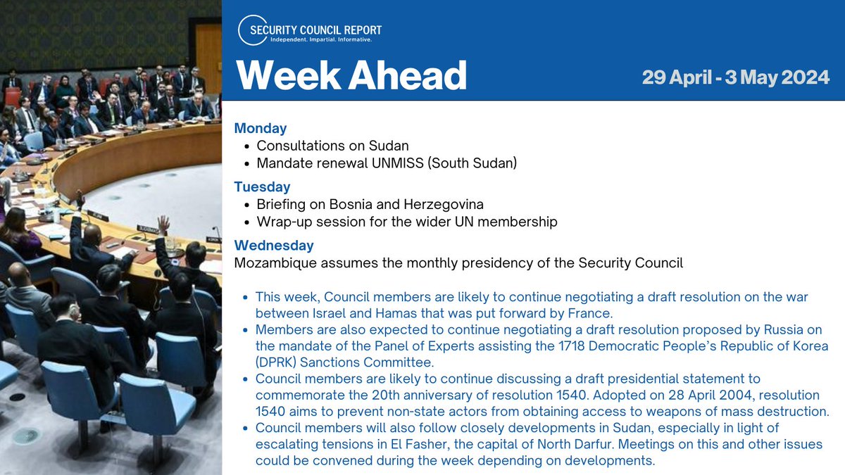 This week at the #UNSC | 📨 Subscribe: bit.ly/3AwYSel 🔷 #Sudan: consultations | bit.ly/3Qn58OT 📝 @unmissmedia (South Sudan): mandate renewal 🔷 #Bosnia and Herzegovina: briefing 🇲🇿 #Mozambique assumes the monthly presidency of the #UNSC on May 1
