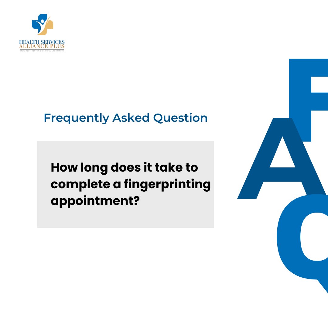 A typical fingerprinting appointment takes about 15 to 30 min to complete. ⏱️ Make sure to arrive on time and bring any required documentation with you! 

Book your appointment with us today at healthservicesallianceplus.com
! 📞 

#Fingerprinting #DrugTesting #AtlantaHealth #GeorgiaLab