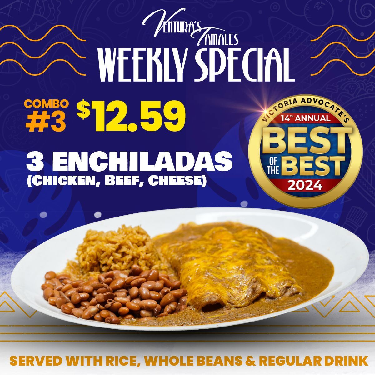 We're open for lunch and dinner—join us at Ventura's for the best Mexican food in the CROSSROADS! 

#VenturasTamales #BestoftheBest #MexicanFood #VictoriaTexas