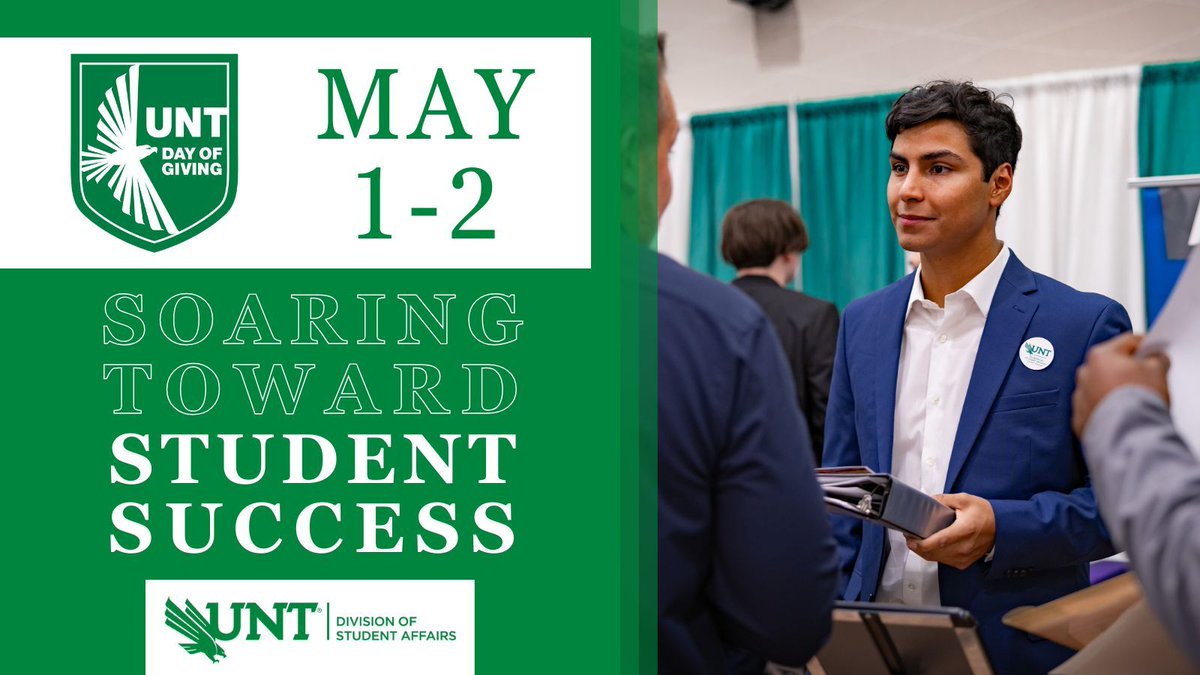 #UNTDayOfGiving kicks off on Wednesday! Any gift made on May 1-2 will help UNT soar toward student success. Want to increase your impact? Explore matches and challenges offered throughout the campaign. Find out more at: givingday.unt.edu/amb/DSA #UNT #GMG