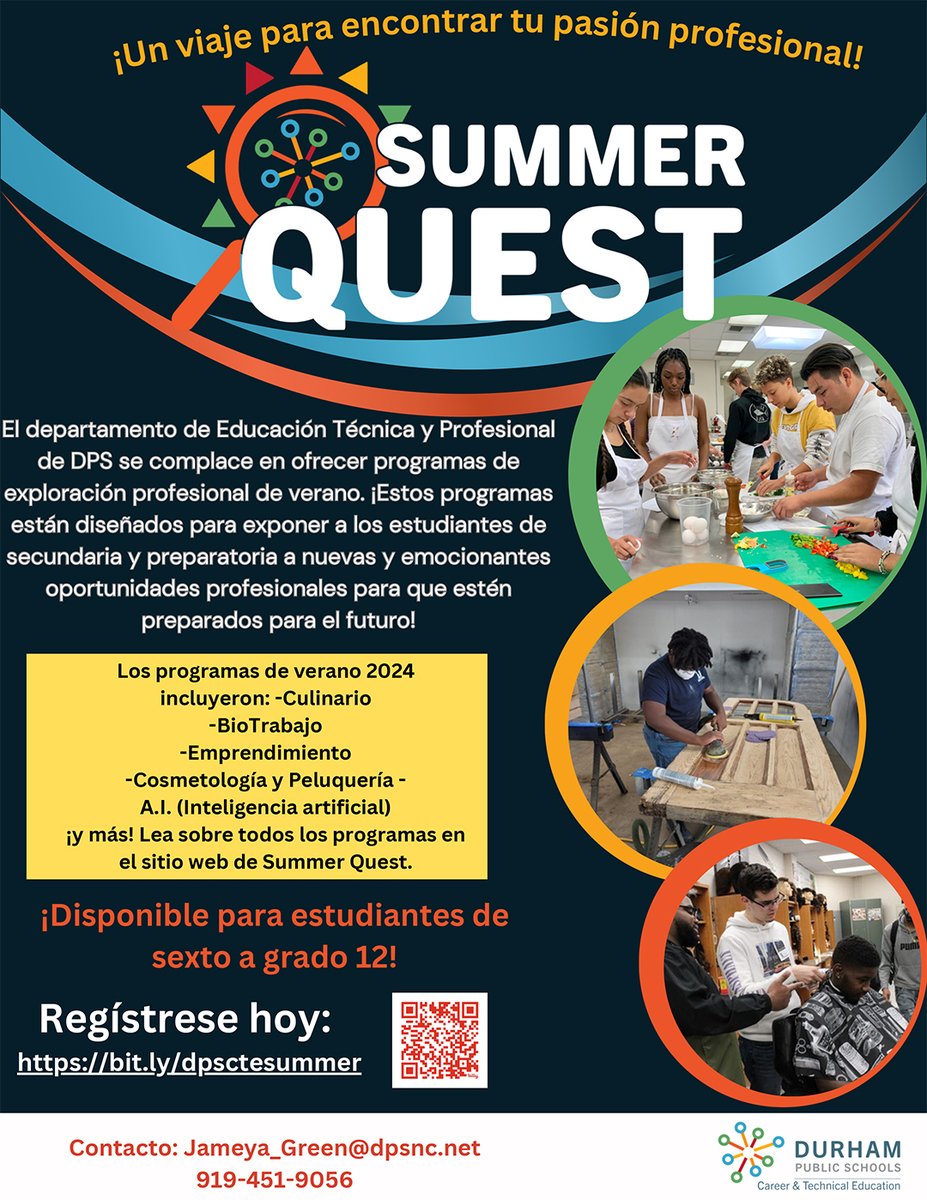 Summer Quest is a series of career exploration programs for rising 6th-12th grade students. Students get to explore careers in Culinary, BioWork, A.I., Carpentry, Cosmetology, Barbering, and more. All programs are free and lunch is provided. Register: bit.ly/dpsctesummer