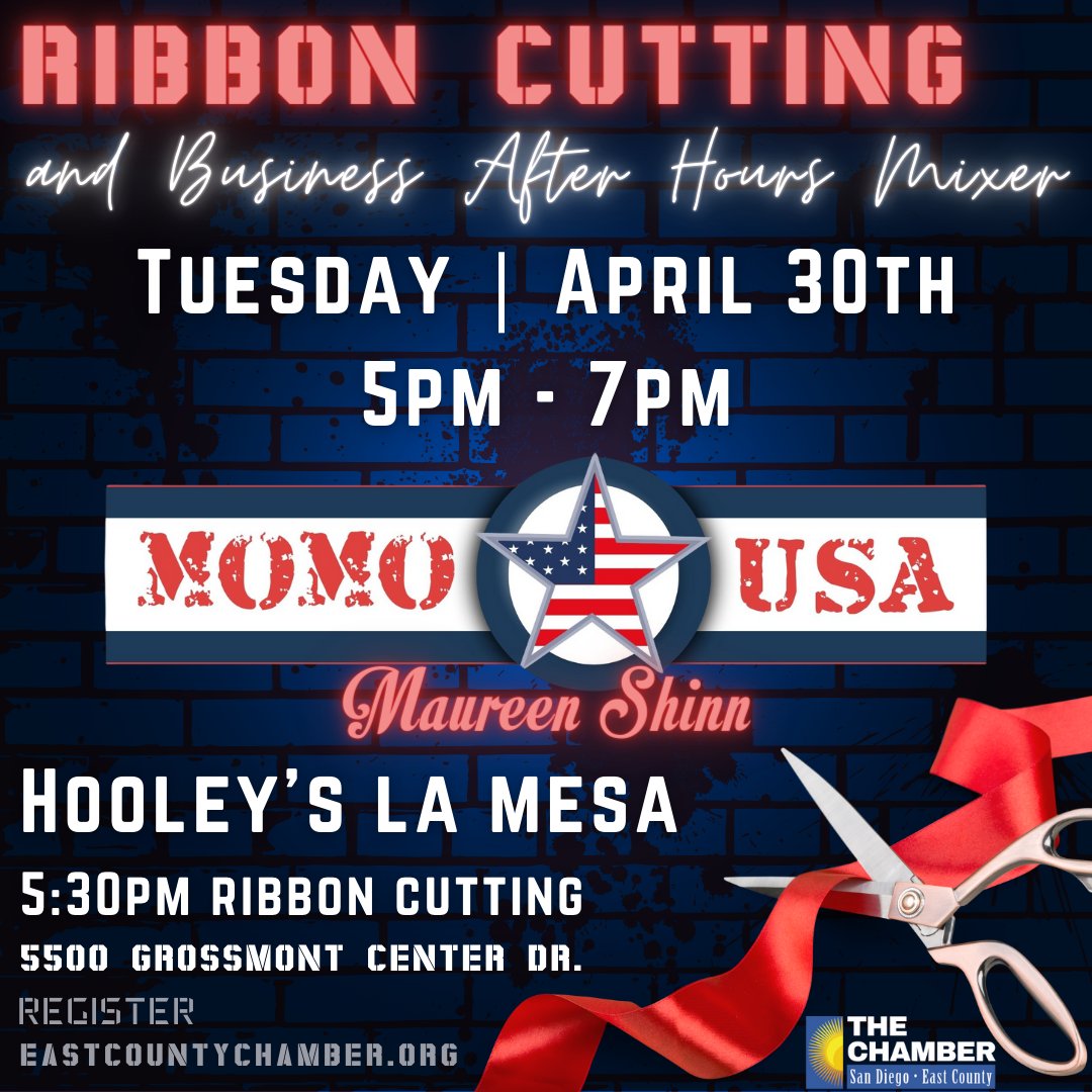 Friendly reminder to come out and support Mo Shinn at her #GrandOpening #RibbonCutting of #MoMoUSA at Hooley's La Mesa. business.eastcountychamber.org/events/details…