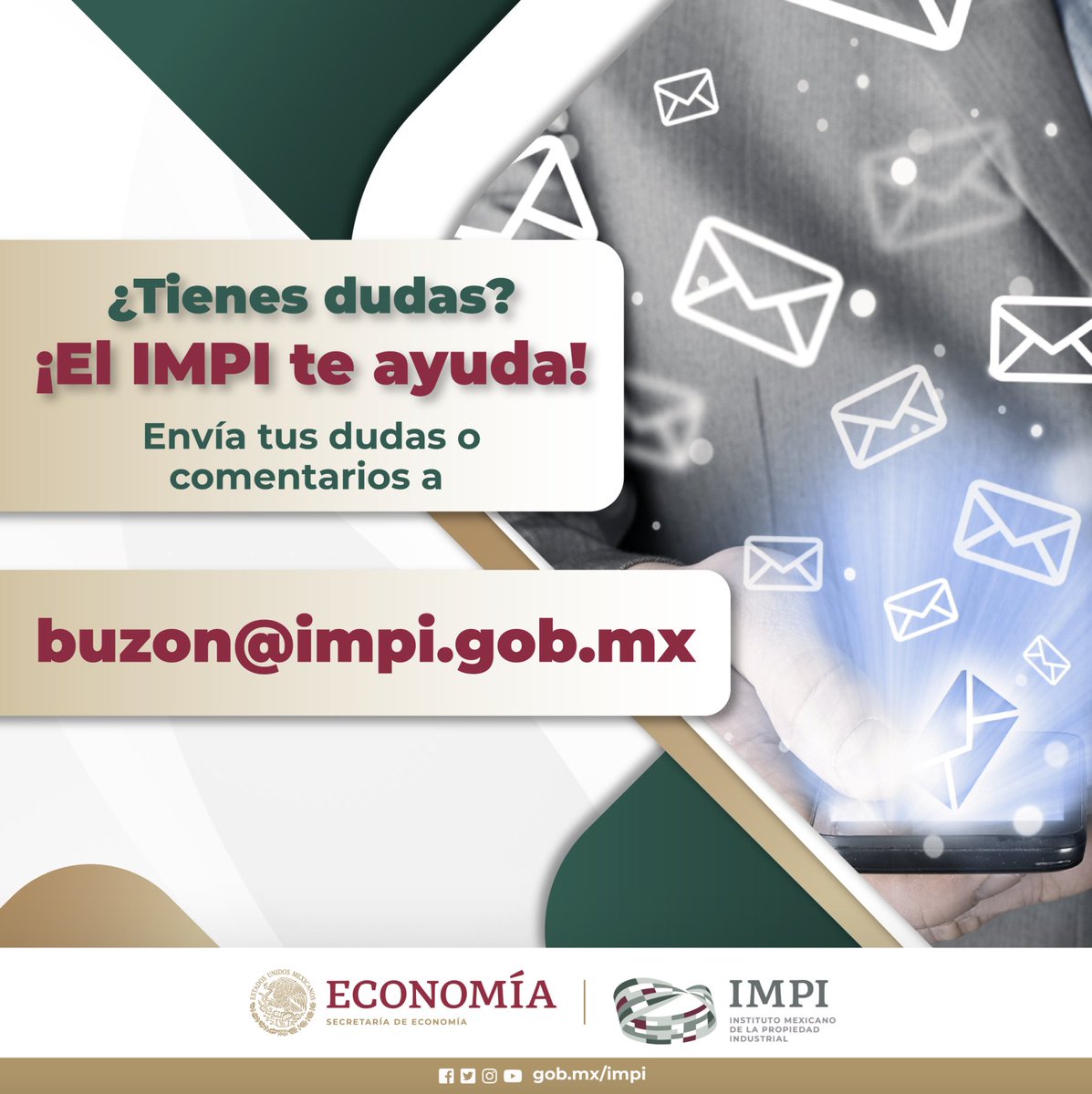¿Tienes dudas? #ElIMPITeAyuda Escríbenos a buzon@impi.gob.mx