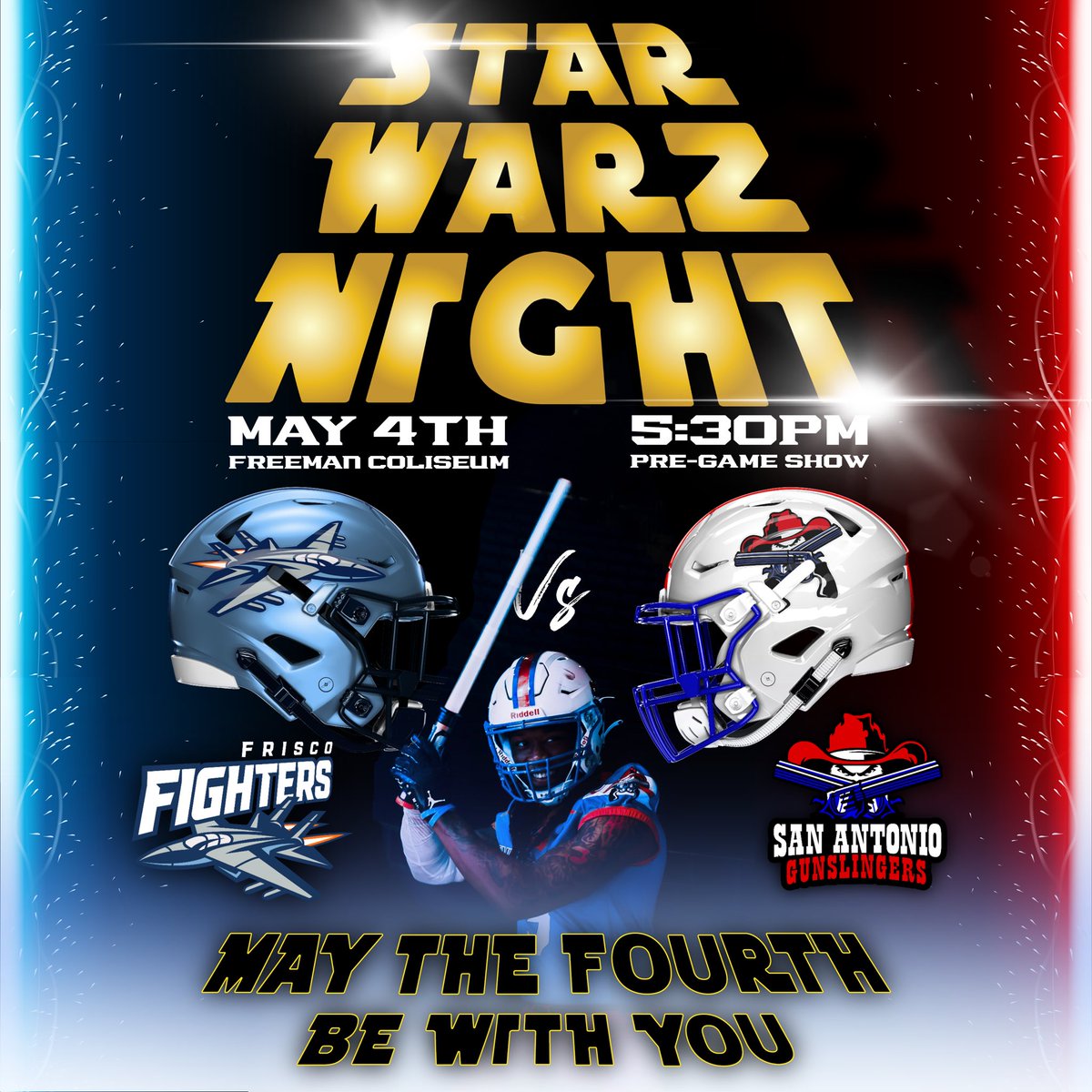 🔴 STAR WARZ NIGHT 🔵 This SATURDAY May 4th we bring the fight home as we battle the Frisco Fighters in the Freeman Coliseum! Pre-game Show is at 5:30pm and kickoff is at 6:00! The first 1,500 fans will receive a FREE Lightsaber 💫 You don’t want to miss this battle of the…