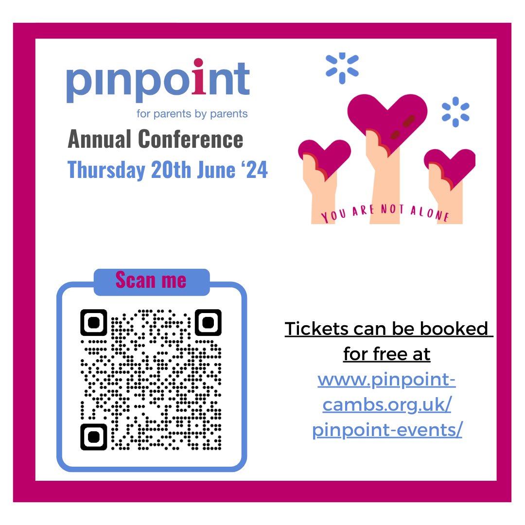 Book your free place at our Annual Conference 2024! Use the QR code in the image or visit our Events page to book your free spot: ow.ly/ty8e50RhWl0 #PinpointConference2024 #SEND #Cambridgeshire #PMLD #ParentCarers #SupportingParents #Neurodiversity #Autism #ADHD