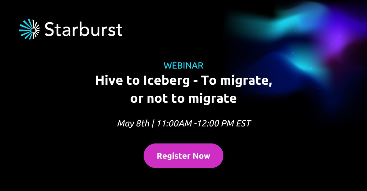 Our webinar on migrating from Hive to Iceberg is happening next week! Join to learn about the architectural difference between #ApacheHive and @ApacheIceberg, when to choose Iceberg over Hive, and how to conduct a migration with Starburst Galaxy: okt.to/X1HZUi