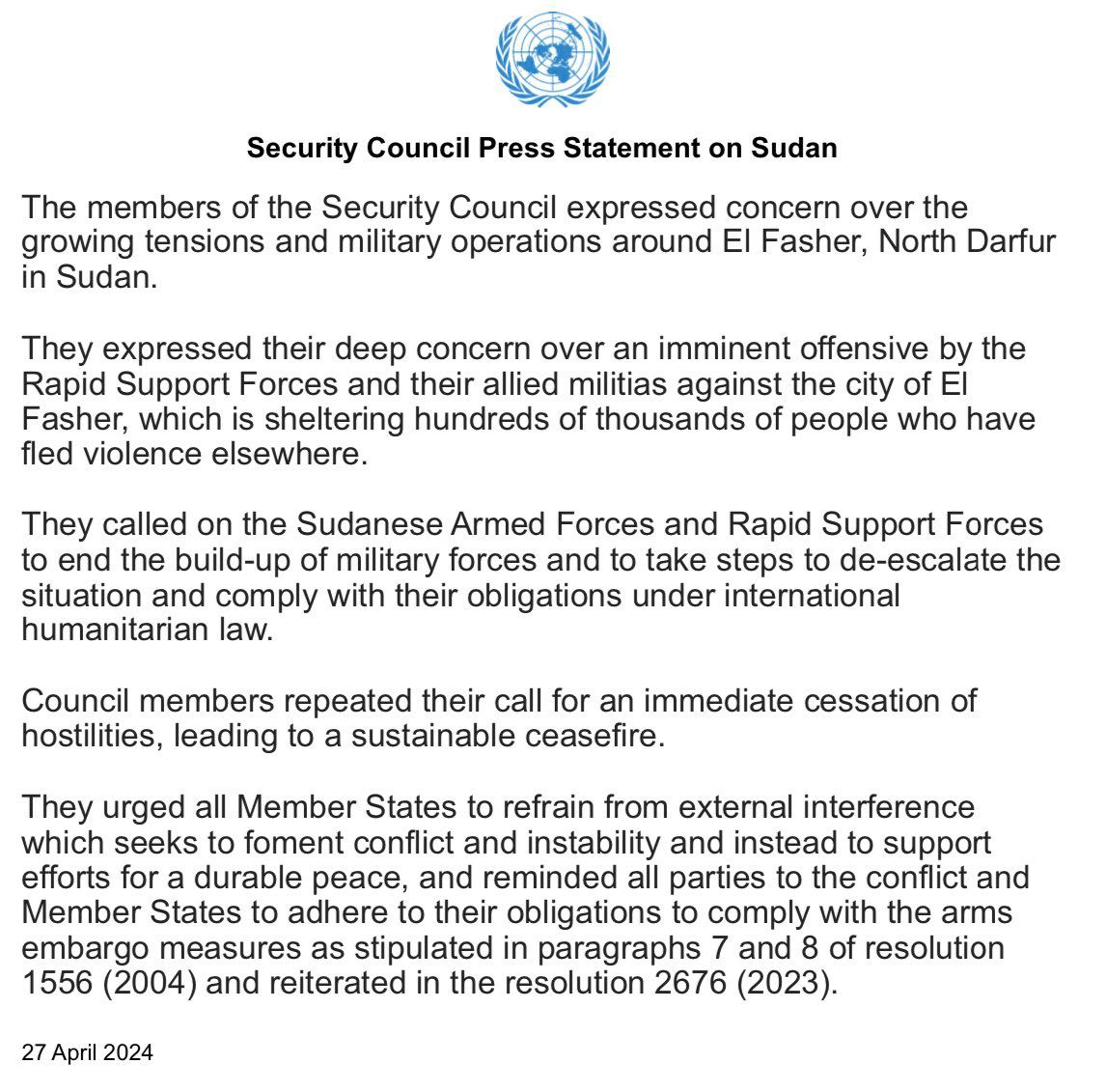 UN Security Council Press Statement on Sudan
