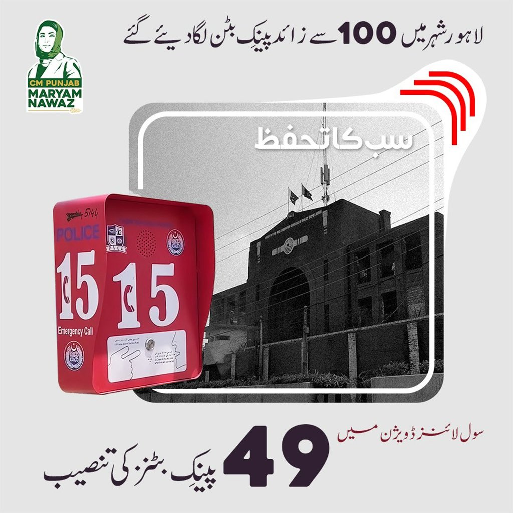 A safer Lahore for women! With 100 panic buttons installed across Lahore, including 49 in CIVIL LINES DIVISION. Women can access help quickly and easily!