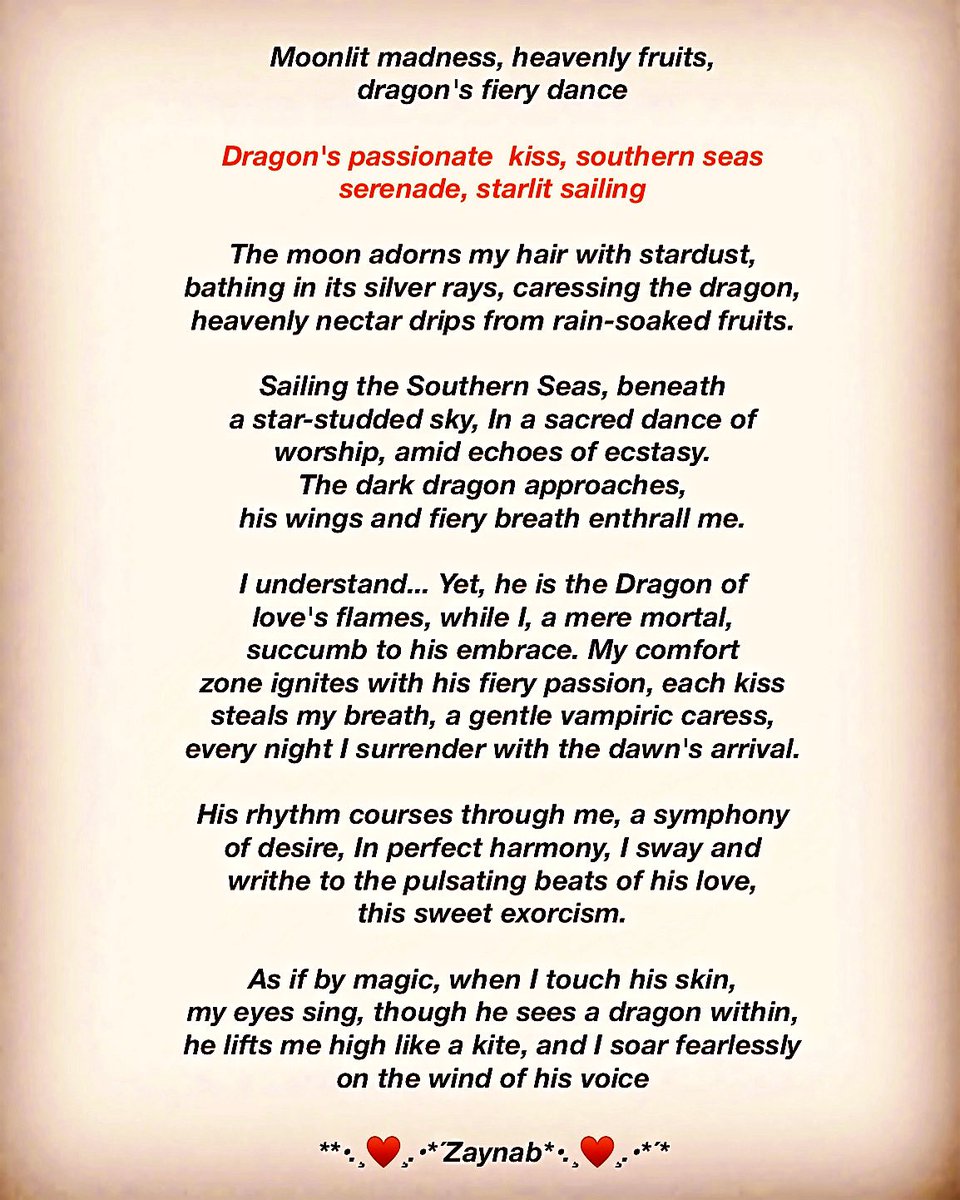 ｡☆✼ The moon adorns my hair with stardust, bathing in its silver rays, caressing the dragon, heavenly nectar drips from rain-soaked fruits ✼☆｡ •°¤* Moonlit madness, heavenly fruits, dragon's fiery dance *¤°• #vss365 (#dragon) #WritingCommunity #poetrycommunity #poetry