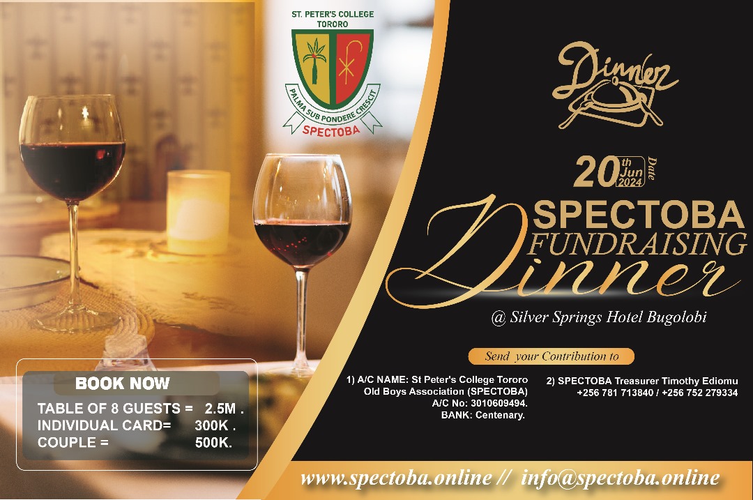 Munu Isaac (@isaacmunu) on Twitter photo Book your slot now. 20th June 2024, all roads lead to Silver Springs Hotel, Bugolobi for the SPECTOBA fundraising dinner. 
Do not leave your TG behind. Book your slot now. 20th June 2024, all roads lead to Silver Springs Hotel, Bugolobi for the SPECTOBA fundraising dinner. 
Do not leave your TG behind.