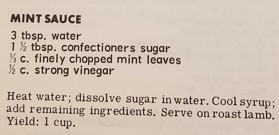 Mint Sauce -- 1960s

This sauce is usually served with lamb recipes.  It also goes well with roast chicken. 

#MintSauce #1960srecipe #water 
#oldrecipe #vinegar #mintleaves
#1960sfood #confectionerssugar 
#roastchicken #lambrecipe