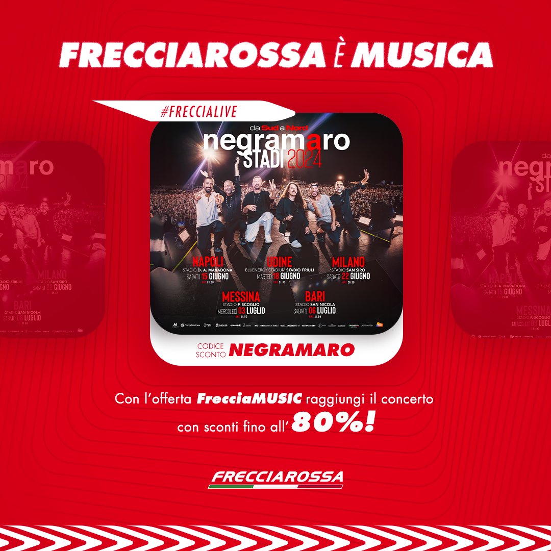 Parlami d’amore… e dell’offerta #FrecciaMUSIC! 🎤🚄 Usa il codice NEGRAMARO e raggiungi i concerti della tua band preferita con sconti fino all’80%. 😍👉 bit.ly/FRNegramaro @Negramaro @officialFandP #FrecciaLive