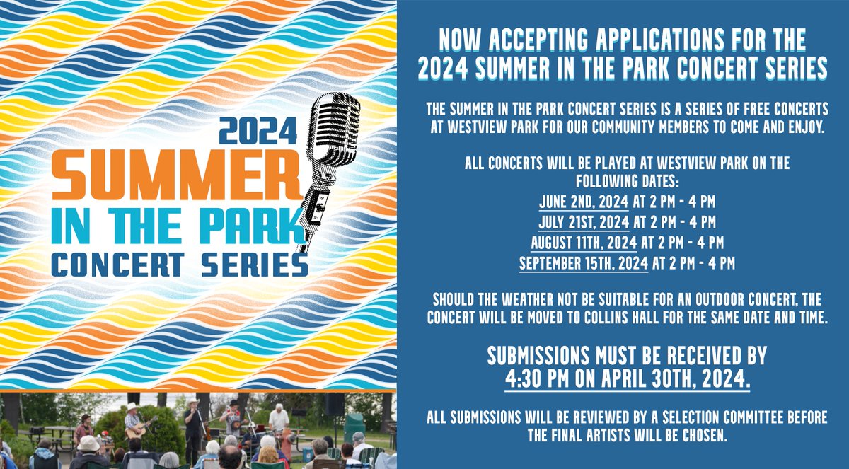 The Final Day to apply for the Summer in the Park Concert Series is tomorrow! Applications close at 4:30pm. For more info. or to apply visit elliotlake.ca/summerinthepark or email events@elliotlake.ca