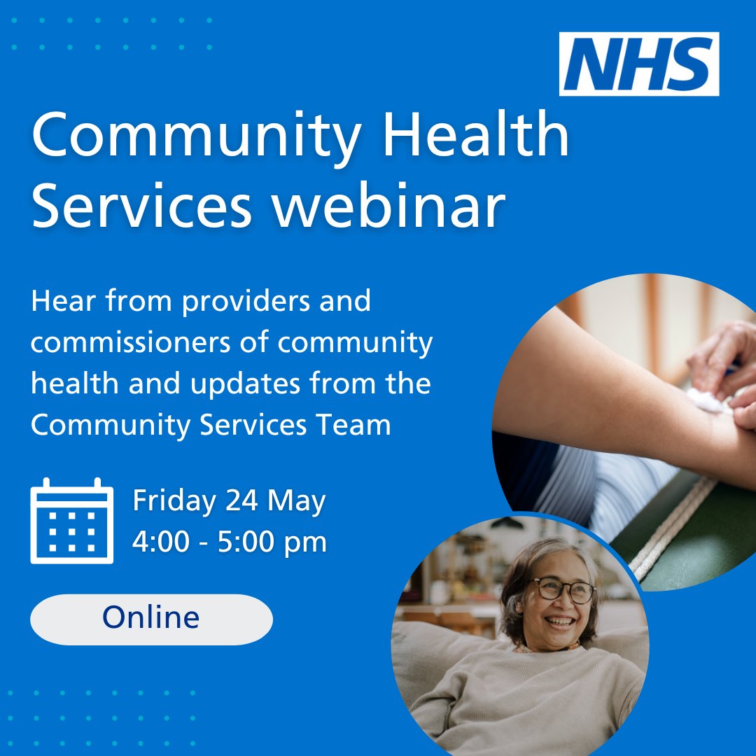 Our regular #CommunityHealthServices webinar is your opportunity to hear: - the latest updates on #CommunityServices - best practice from community health service providers and - network with others working across #CHS 4-5pm, 24 May 2024 Register: events.england.nhs.uk/events/communi…