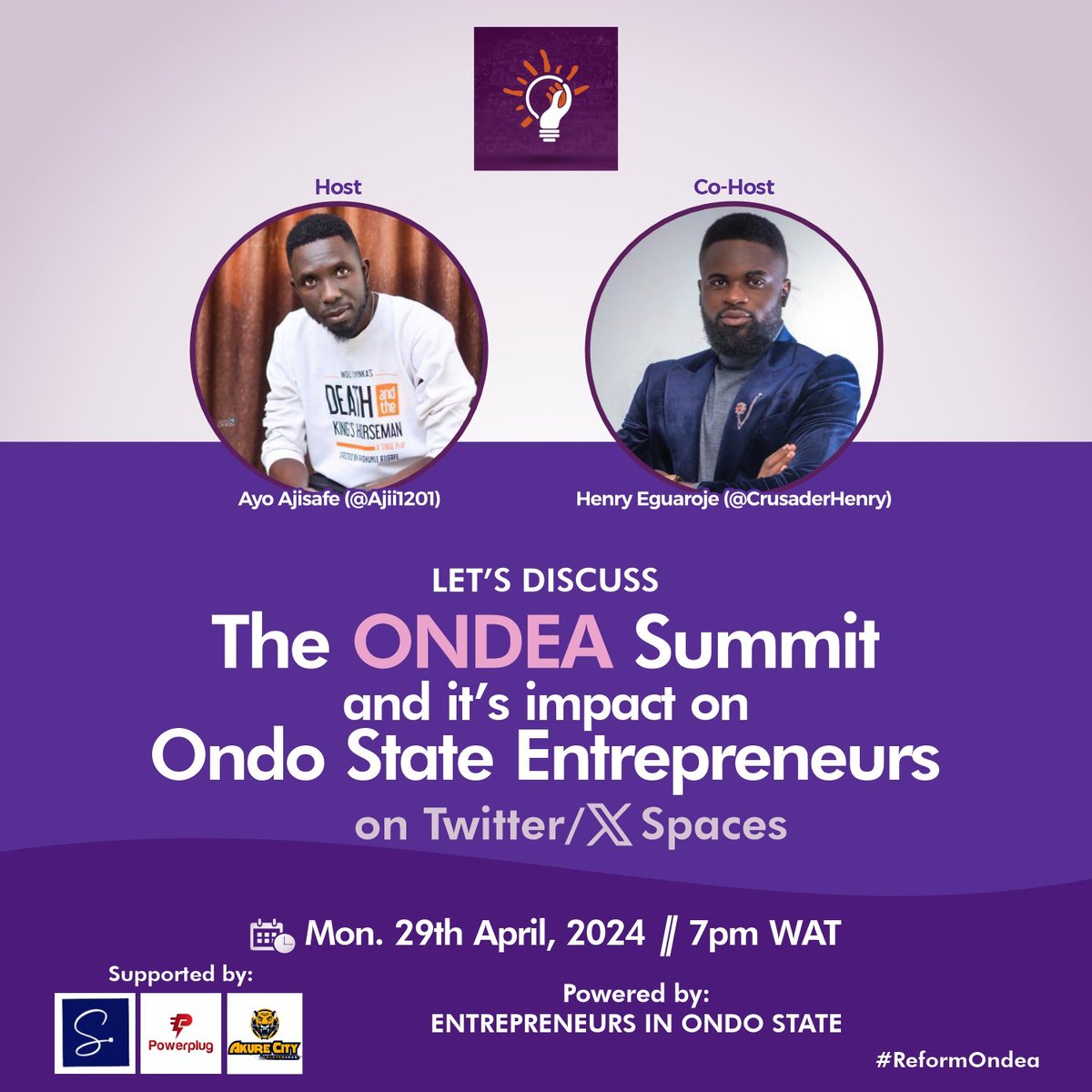 Ondo Stated Entrepreneurs Join us Tonight with @ajii1201 and @CrusaderHenry Lets is all come and have a round table tlk. 🕖: 7pm WAT On X space. We all are responsible for the economic growth of Ondo State Proudly SUPPORTED @simbi_logistics @powerplugng & @AKURECITY