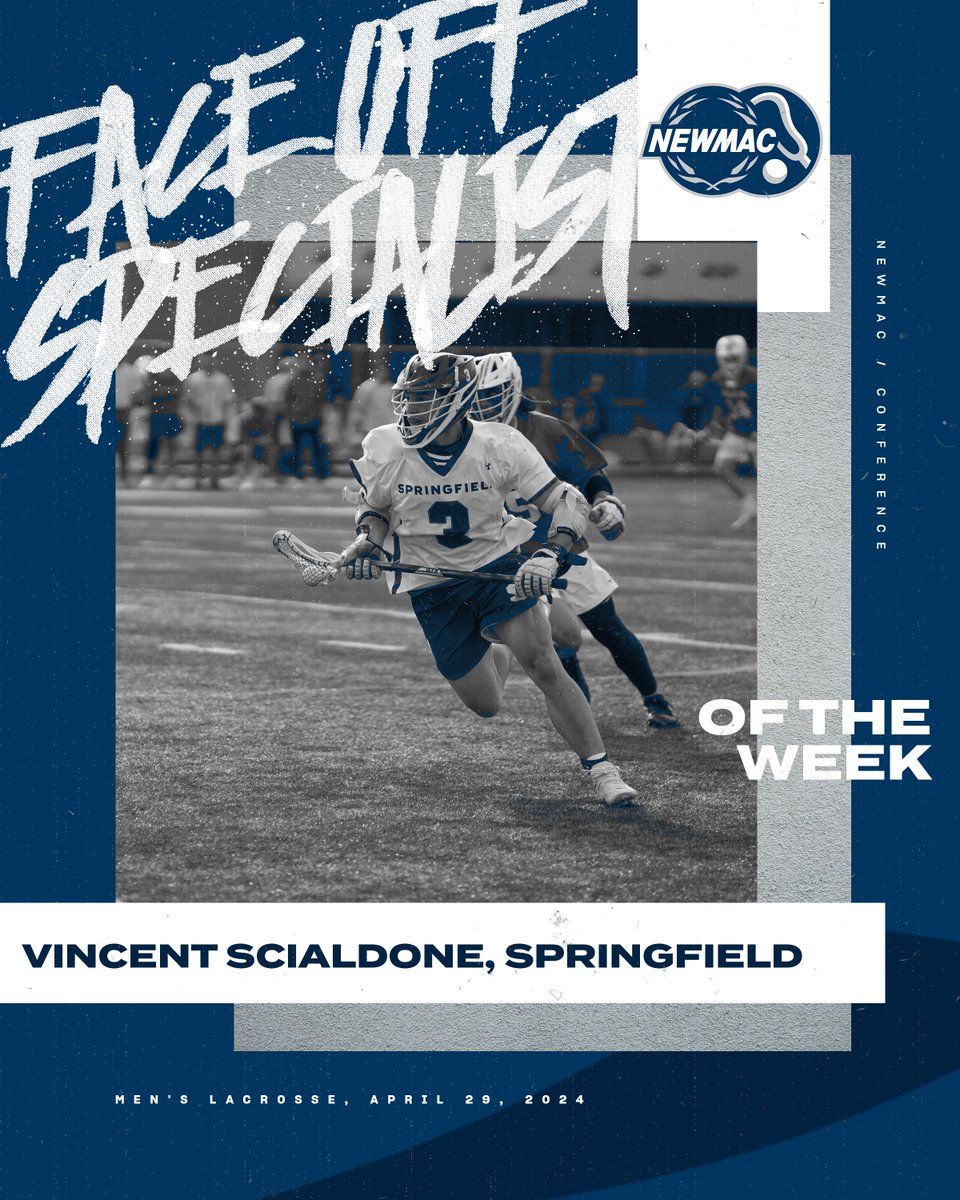 MEN'S LACROSSE 🥍
FACE OFF SPECIALIST OF THE WEEK 

@SC_Pride Vincent Scialdone won 18-of-20 face-offs and scooped up 13 ground balls in a 20-8 win over Wheaton. 

🔗 ow.ly/bfQv50RqNBB

#GoNEWMAC // #WhyD3