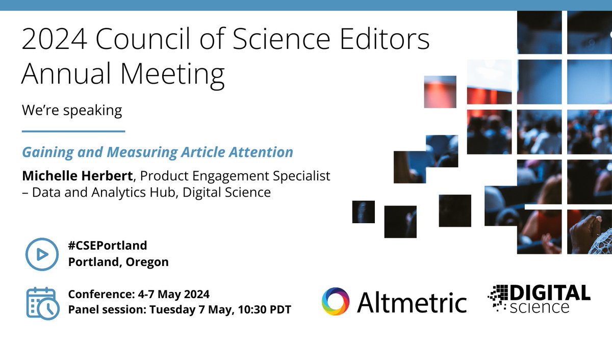 'Gaining & Measuring Article Attention' - find out how @altmetric tracks article mentions & more in this panel session at the @CScienceEditors Annual Meeting. #CSEPortland

🗓️ 4-7 May 2024
⏰ Panel session: Tuesday 7 May, 10:30am PDT
📍 Portland, Oregon

ow.ly/kzQp50RqQfY